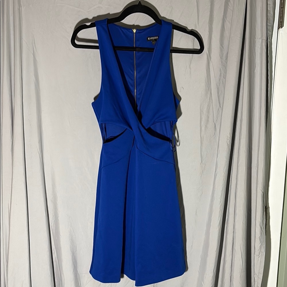 Express Blue Fit and Flare V-Neck Cocktail Dress